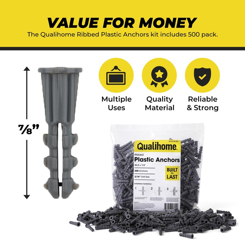 Premium Quality Ribbed Plastic Anchors, Bulk, (500 Pack, 6-8 x