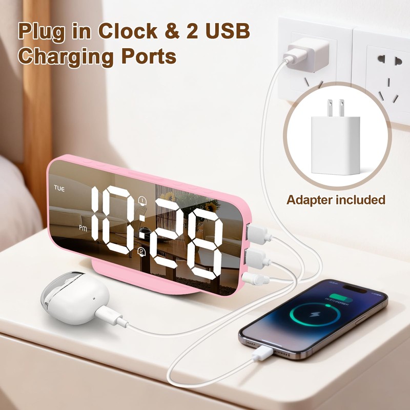 ALANAS Pink Mirror Digital Alarm Clock for Girls & Teens,