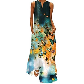 WINKEEY Women's Maxi Dress, Butterfly Floral Print, V-Neck, Bohemian Plus Size Summer Long Dress with Pockets