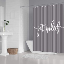 Zengmei 70x70 inches Get Naked Shower Curtain Set Funny Quote Durable Waterproof Polyester Shower Curtain Bathroom Bath Decor Cloth Fabric + 12 Hooks(Grey)