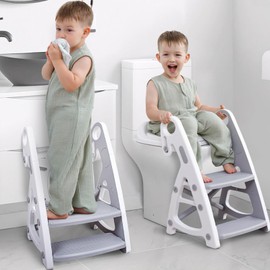 Primlect Potty Training Seat, 2-in-1 Toddler Toilet Seat with Step Stool, Ultra-Stable Potty Chair Attachment, Adjustable Seat and Step Ladder, Non-Slip Design, Splash Guard for Boys and Girls(Grey)