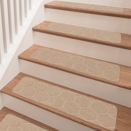 MATAHUM Stair Treads Non Slip, 15 Pack 8" * 30" Beige Stair Treads for Wooden Steps Indoor, Clipped and Assembled Stair Rugs for Kids Elders Dogs