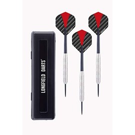 Engelhart 3 semi-professional nickel silver arrows steel darts silver barrel, black/red salvos and black shaft. Supplied with rigid protective case. 23 gr