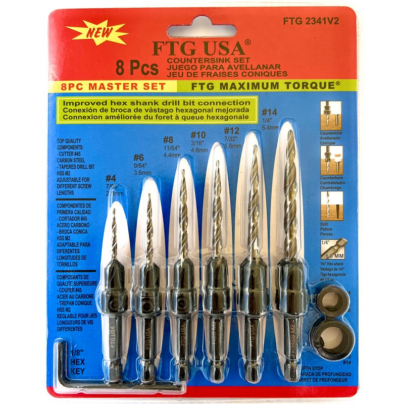 FTG USA Adjustable Wood Countersink Drill Bit Set 6 Pc