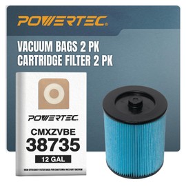 POWERTEC CMXZVBE38735 Vacuum Bags 2PK & 17816 Cartridge Filters 2PK, for Craftsman 38735 12 Gal Filter Bags, 17907/17912 Filter for Most 5 Gallon and Above Wet/Dry Vacs from 1988 onwards (75117)