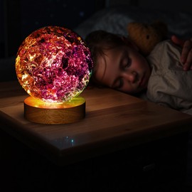 LOULIQIGIFT Colorful Cracked Crystal Ball Night Light Decorative 100mm Glass Ice Spheres with Wooden Light Base Meditation Fengshui Accessories Decor for Home Room Office