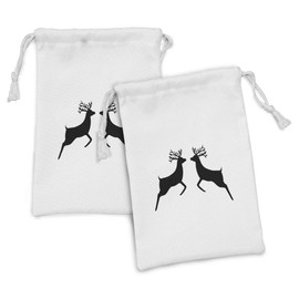 Ambesonne Deer Hunting Fabric Pouch Set of 2, Monochromatic 2 Reindeer Silhouette Illustration Plain Background, Small Drawstring Bag for Toiletries Masks and Favors, 9" x 6", Charcoal Grey White