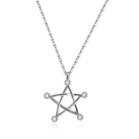 Silver Pentagram Star Pendant Necklace, Cubic Zirconia Crystals, Hollow Design