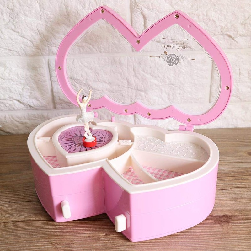 MAGT Music Box Jewellery Box, Double Heart Ballerina Musical Jewellery