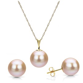 Pink Cultured Freshwater Pearl Stud Earrings and Pendant Necklace Set Jewelry 7-7.5mm