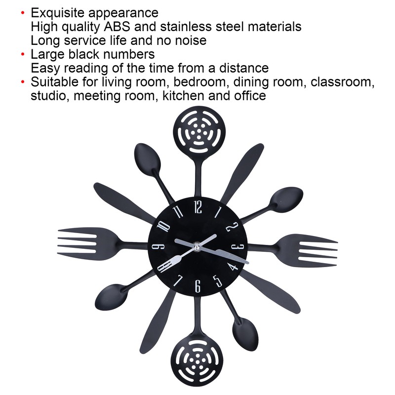 Black Kitchen Wall Clock Removable Modern Cutlery Kitchen Spoon Fork