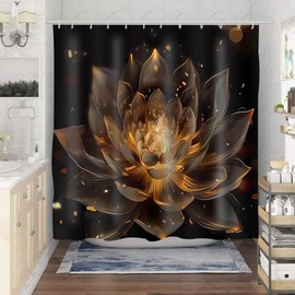 OSUNBD Lotus Shower Curtain Black and Gold Flower Shower Curtains Decor Spa Zen Spiritual Golden Floral Bath Curtain Set, Waterproof Fabric with Hooks 71"*74"(W180cm*L188cm) for Bathroom