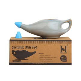HealthGoodsIn Ceramic Neti Pot, Premium Handcrafted Durable, Dishwasher Safe with 2 Silicone Nozzle Tip, 225 Ml. (7.6 FL Oz) Capacity (Gray)