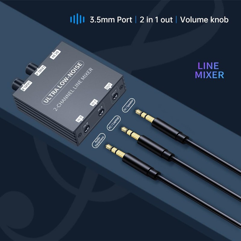 2 Channel Stereo Audio Mixer, 3.5mm Mini Audio Mixer Line