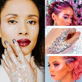 Body G litter Gel Hair G litter for Festivals - Glitter for H air and Skin Silver Glitter f or Face and Hair G litter Makeup for a Sparkling Look（3pcs)