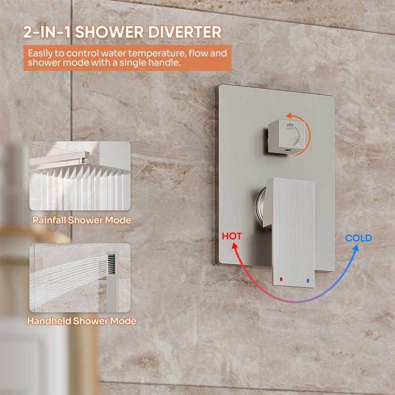 Kurpot Shower System, 10'' High Pressure Brushed Nickel Shower Head