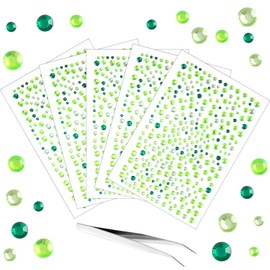 SmallCat 5 Sheets Face Gems Stickers for Women, Self-Adhesive Sparkly Rhinestone Stickers for Makeup, 3/4/5/6 mm Face Jewels for Body Hair Eyes Nails- Green