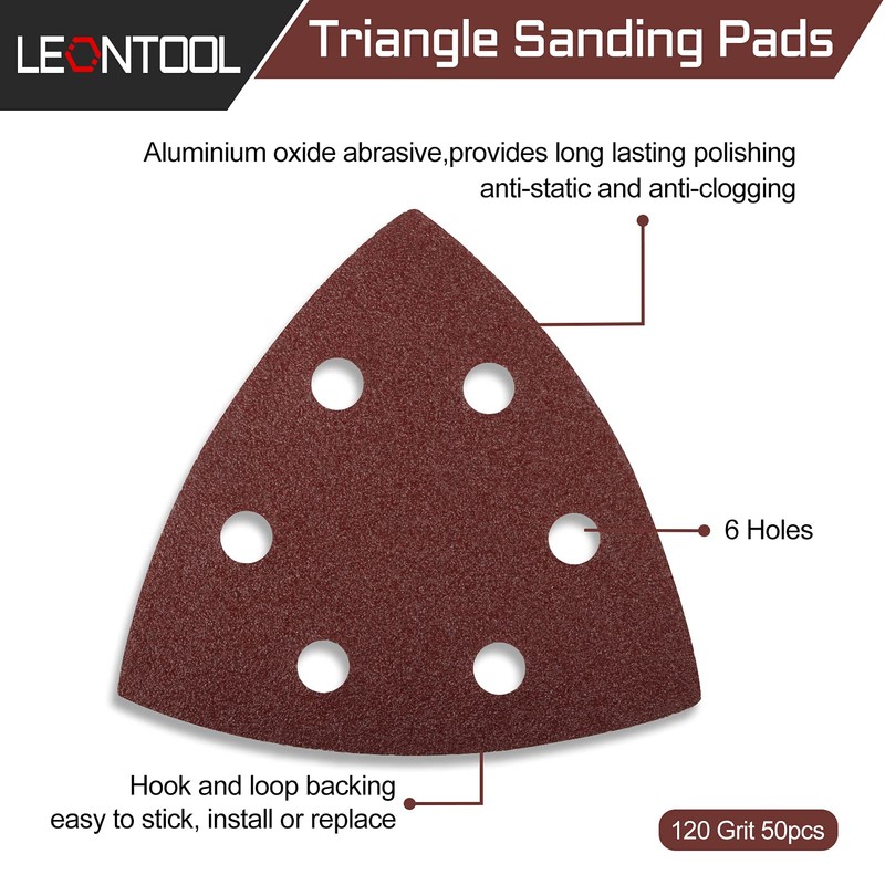 LEONTOOL 50 Pcs Triangle Sanding Pads 120 Grit 3-1/2 Inches