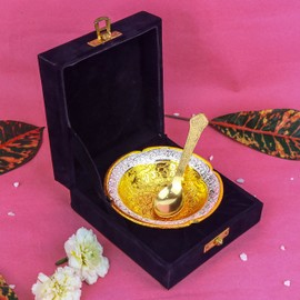 SATVIK 1 Set Designer Gold Silver Plated Lotus Flower Dessert Dry Fruits Embossed Serving Bowl With Spoon Set Festive Diwali Pujan Decortive Bhog Bowl Christmas Housewarming Wedding Return Gift Items