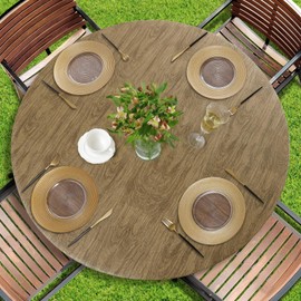 Romanstile Round Vinyl Tablecloth, 100% Waterproof Heavy Duty Elastic Fitted Table Covers for 57"- 68" Tables, Wipeable Flannel Backed Plastic Table Cloths for Picnic, Camping, Outdoor - Dark Wood