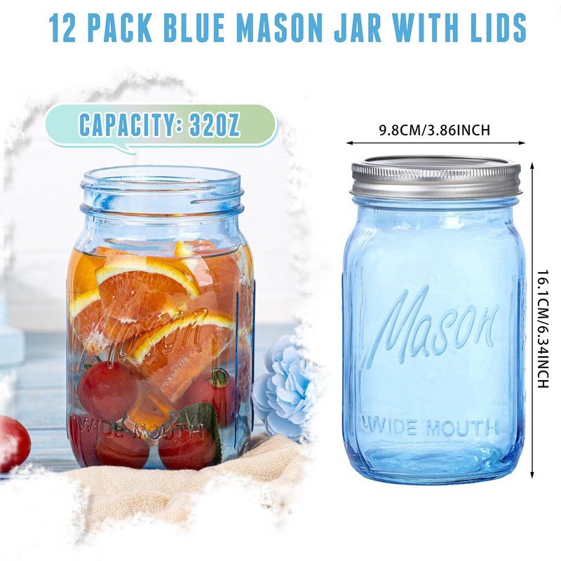 WELLIFE Wide Mouth Mason Jars,6 Pack Blue Mason Jars 32