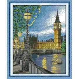 CaptainCrafts Cross Stitch Kits, New Counted Kit Unprinted 14CT Fabric Cross Stitching DIY Art DMC Needlecrafts Embroidery Kit for Adults Beginner (White, London Bell Tower)