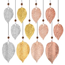 Heveer Leaf Pendant Decoration 12Pcs Alloy Leaf Findings with Beads 4 Colors Vintage Brass Filigree Pendants for Earring Keychain DIY