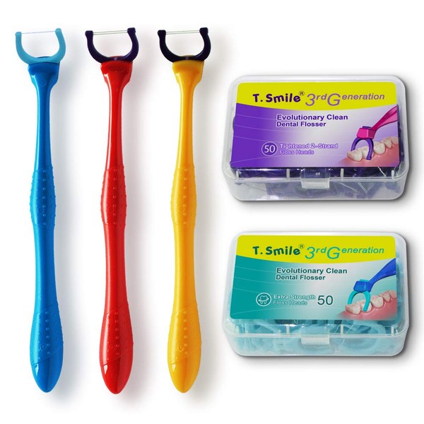 T.Smile Evolutionary Clean Dental Flossers, Kit of Refills Plus Long Handle (3 Handles + 100 Refills)