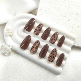 Cat Eye Press on Nails Almond Medium Fake Nails with Leopard Designs Autumn Nails Press ons Glossy Glue on Nails Brown Acrylic Nails Full Cover False Nails Winter Stick on Nails for Women 30Pcs