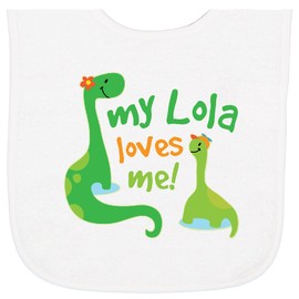 inktastic My Lola Loves Me Grandchild Dinosaur Baby Terry Cloth Bib White 46587