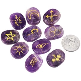mookaitedecor Amethyst Witches Runes Set,Healing Crystal Palm Stone Engraved Gypsy Symbol for Meditation Divination