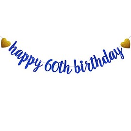 SUNbetterland Blue glitter Happy 60th Birthday Banner, Pre-Strung,Man's 60th Birthday Party Decorations Supplies, Happy 60th Birthday