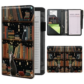Server Books for Waitress Waiter with Zipper Pocket, Cute Cat Bookshelf Leather Server Pads Waitstaff Organizer Guest Check Presenters Server Wallet Money Holder Pouch Fit Apron