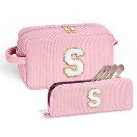 YOOLIFE Teen Girl Gifts Trendy Stuff - Girls Makeup Bag Travel Cosmetic Bag Makeup Brush Bag Toiletry Bag Monogram Makeup Bag Pink Cute Makeup Bag Wedding Bridesmaid Daughter Gifts for Women Letter R