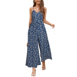 LAISHEN Jumpsuits for Women Casual Dressy 2023 Wide Leg Floral Long Rompers Summer Smocked Sleeveless Jumpers with Pockets(Floral 06,M)
