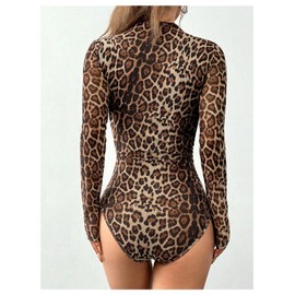 OYOANGLE Women's Leopard Print Bodysuits Long Sleeve Mock Neck Fitted Jumpsuit Tops Brown Small