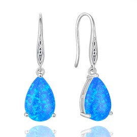 VESHON Blue Opal Teardrop Earrings for Women, 925 Sterling Silver Celtic Knot Dangle - Tranquil Sky Birthstone Gift (29.5x8mm)