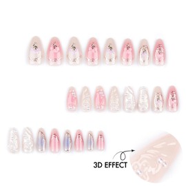 KQueenest French Press on Nails Almond Shape Fake Nails with 3D Butterfly Gold Line Pearl Designs Floral Artificial Nails Medium Length Glue on Nails for Women, 24Pcs