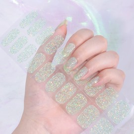 LIFOOST Glitter Gel Nail Strips Green Sequins Fully Cured Nail Polish Stickers Long Lasting Gel Nail Wraps Free Nail Lamp Light Chip Resistant