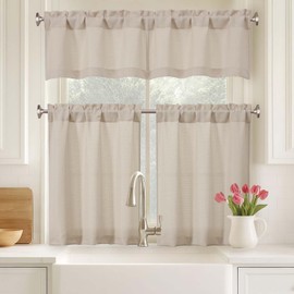 Ebesto Small Kitchen Curtains Tiers 24 Inch Length 2 Panels Set, Soft Thick Faux Linen Textured Cafe Tier, Light Filtering Short Curtains for Small Window, Khaki, 2x30Wx24L Inches