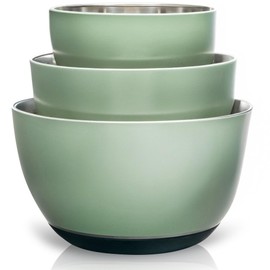 WHYSKO® Stainless Steel Mixing Bowls (Set of 3) with Non-Slip Silicone Base for Kitchen, Dishwasher Safe Bowls for Meal Prep, Cooking, Baking, Serving, Food Storage (Khaki Green)