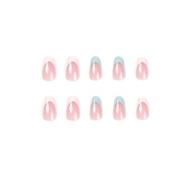 JUSTOTRY 24 Pcs Almond False Nails Short, Pale Blue and White French Press on Nails Pattern, Nude Fake Nails Short, Oval Stick on Nails for Women, Nails Fake Nail for Nails Art