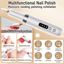 Rechargeable Cordless Electric Nail Drill Kit, Professional Electric Nail Filer for Acrylic Gel Dip Powder Nails, 3 Speeds 15000RPM, Reversible Direction, Portable Manicure Pedicure Tool ,White