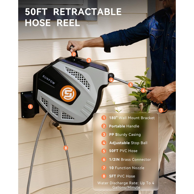 SUNPOW Retractable Garden Hose Reel - 1/2 inch x 50ft