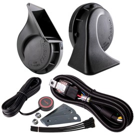 FARBIN Horn 12V General Purpose Twin Tone Horn 120dB Swirl Combination 2 Branch Connector Harness and Independent Control Horn Buttons (12V, Black Pair Horn + Relay Harness + Button Switch)