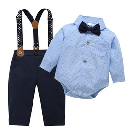 Traje formal de caballero para bebé y niño, camisa corta con lazo+pantalones de tirantes（ 3136 azul claro, 9-12 meses）