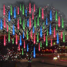 Adecorty Christmas Lights Outdoor Tree Cascading Icicle Lights 12 inch 8 Tubes Shooting Star Waterfall Meteor Shower Falling Rain Lights for Holiday Decorations Wedding Party New Year (Multi Color) | Adecorty