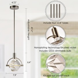 Camastar Modern Crystal Pendant Lighting, Brushed Nickel Kitchen Island Pendant Hanging Light Fixture, Cube Crystal Single Light Fixture Dimmable Chandelier for Dining Room, Vanity, Bathroom