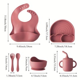 6 Pieces Silicone Baby Feeding Set, Baby Led Weaning Supplies, Utensils Food Grade Non-Bpa Strong Suction 3 Divided, Rainbow Suction Plate+Spoon+Fork+Bowl+Water Cup+Bib, Burgundy