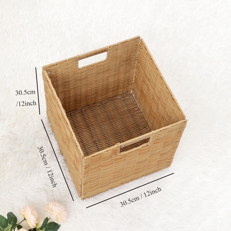 12x12x12inch Plastic Wicker Cube Baskets Large Square Foldable Handwoven Laundry